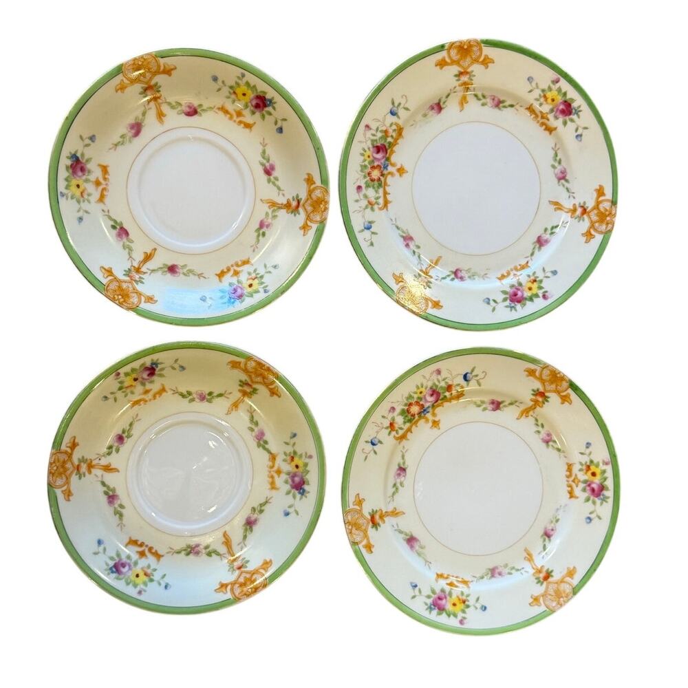 Vintage Floral China Bread Plate Saucer Green Border Set of 4 Japan Love Shack